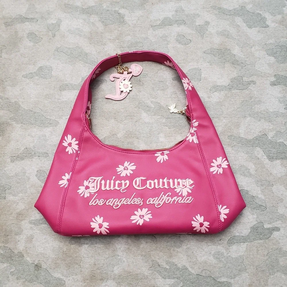 Juicy Couture Purse Womens Pink Leather Embroidered Daisy For Justice W/ Charm